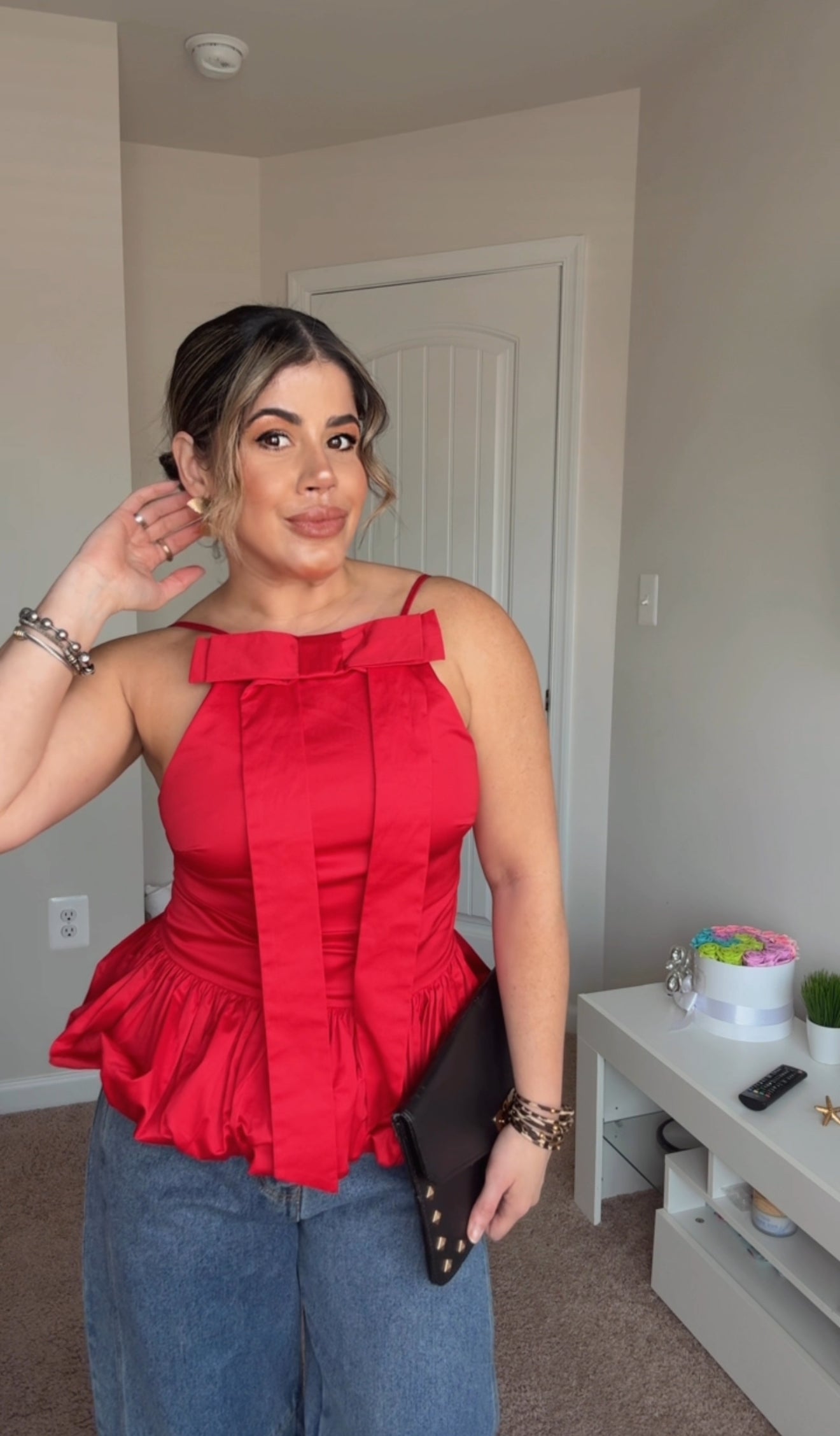 Red Front Bubble Bow Top