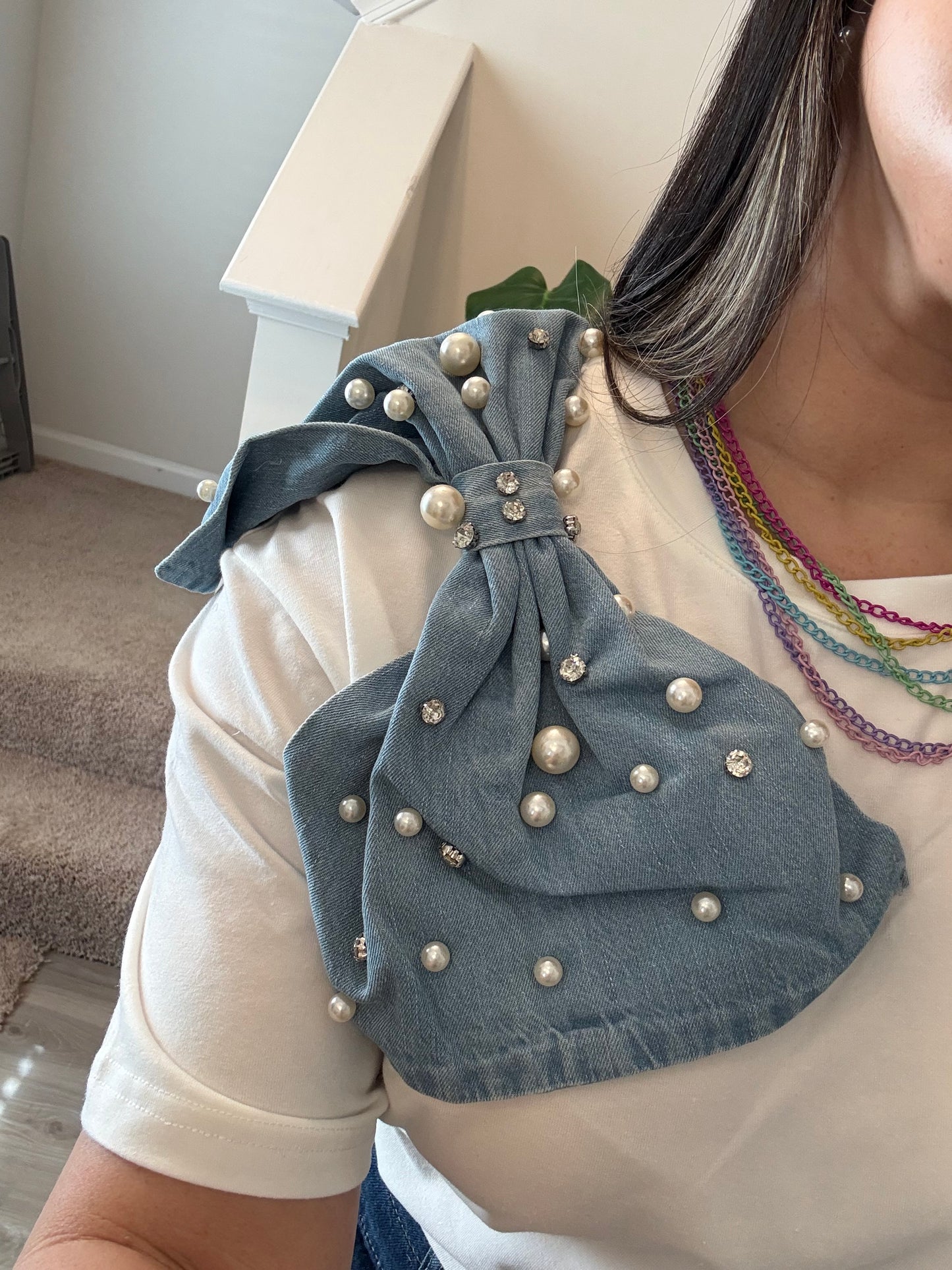 White Denim Pearl Bow