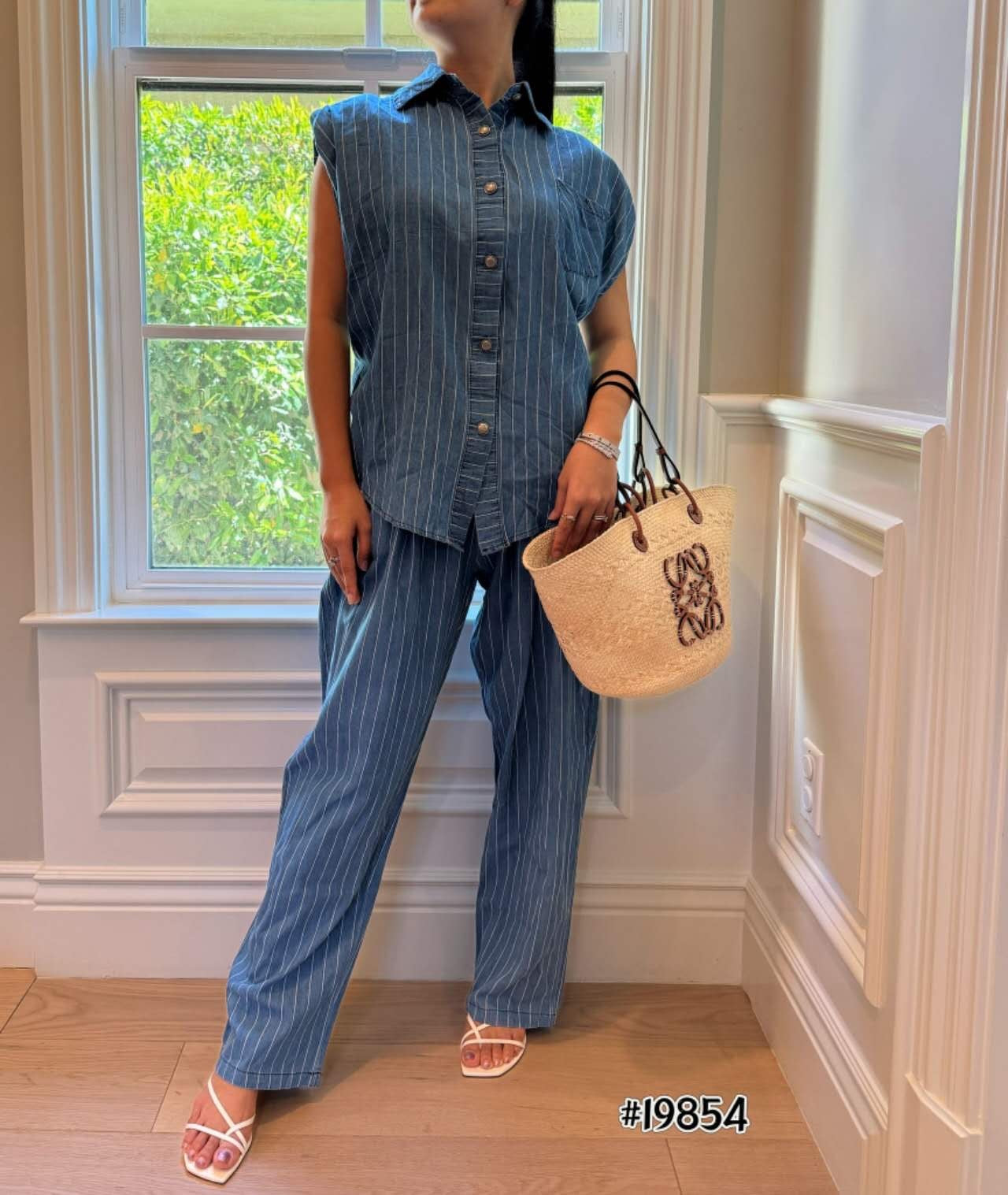 White Stripes Denim Pant Set