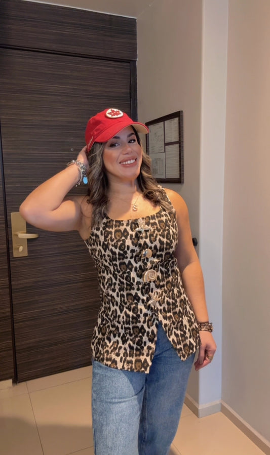 Leopard metal button Top