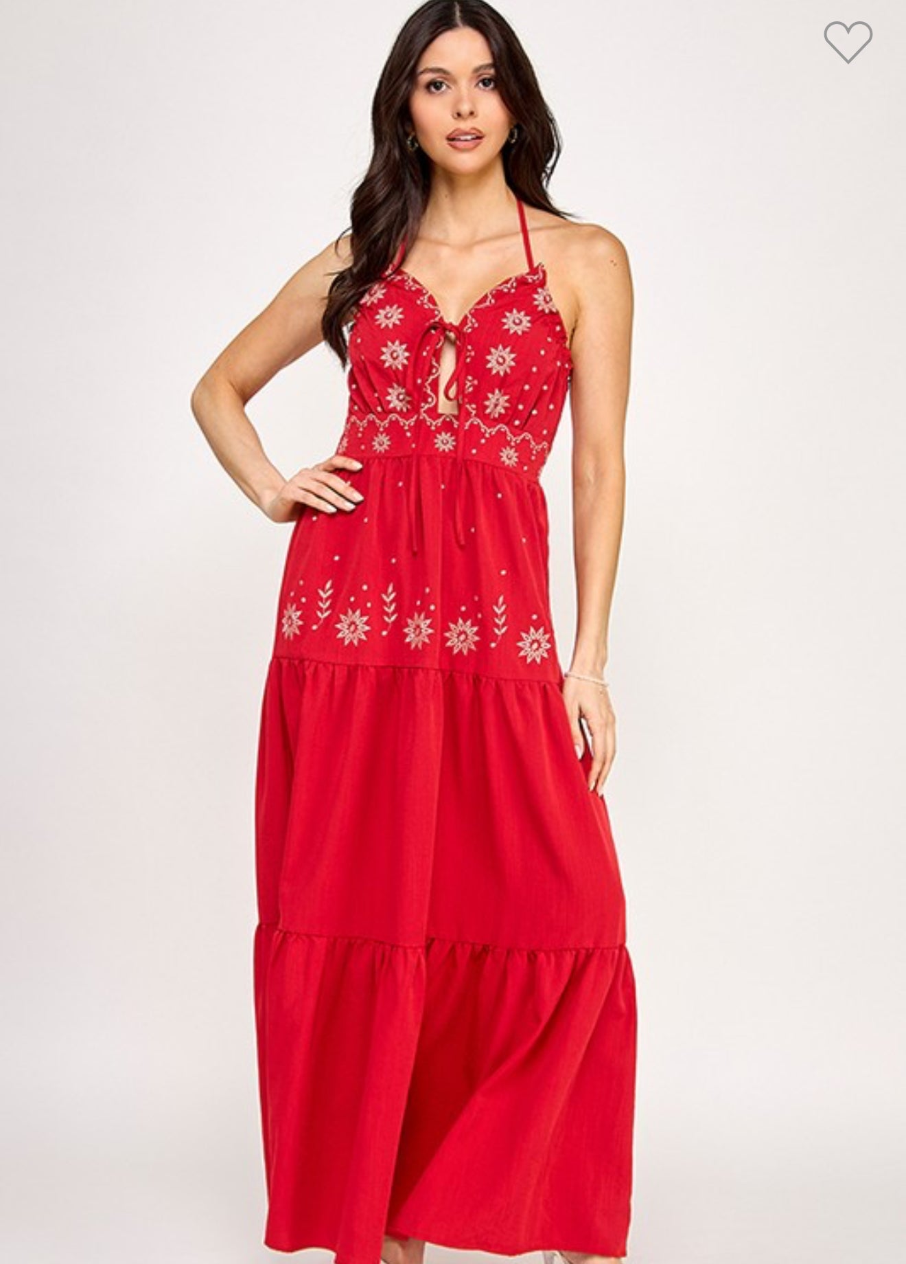 Red Halter Embroidered Maxi Dress
