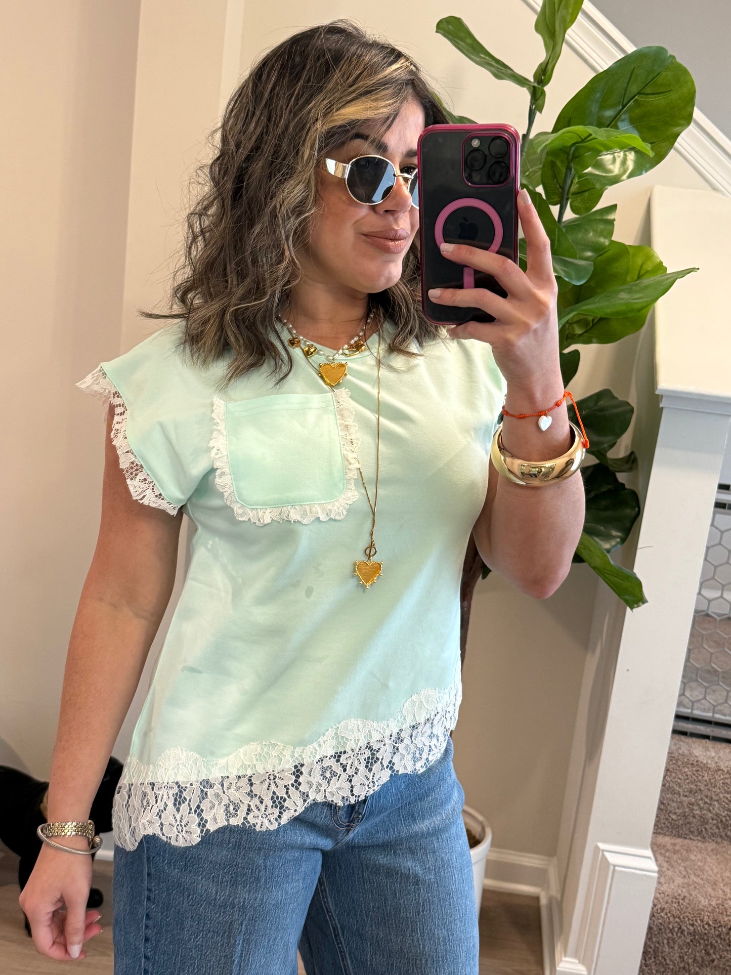 Mint Lace Trim Top