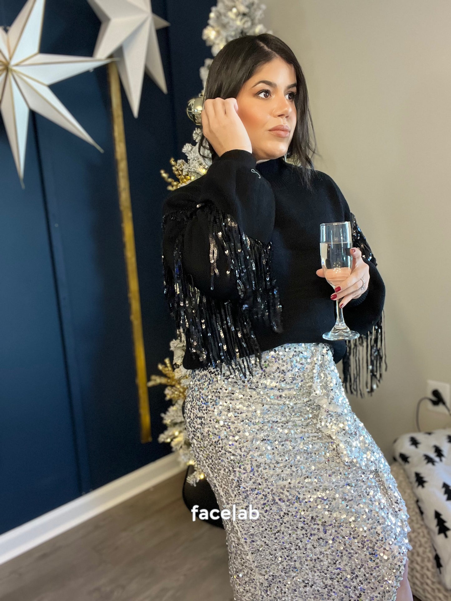 Silver sequin Midi Skirt