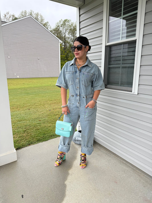 Denim Short Sleeve Jumpsuit