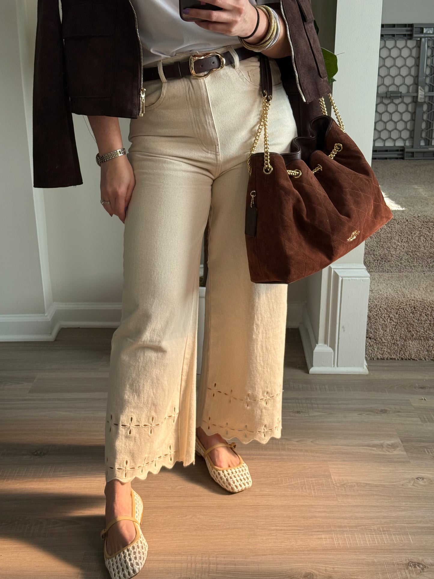 Khaki Eyelet detail Pants