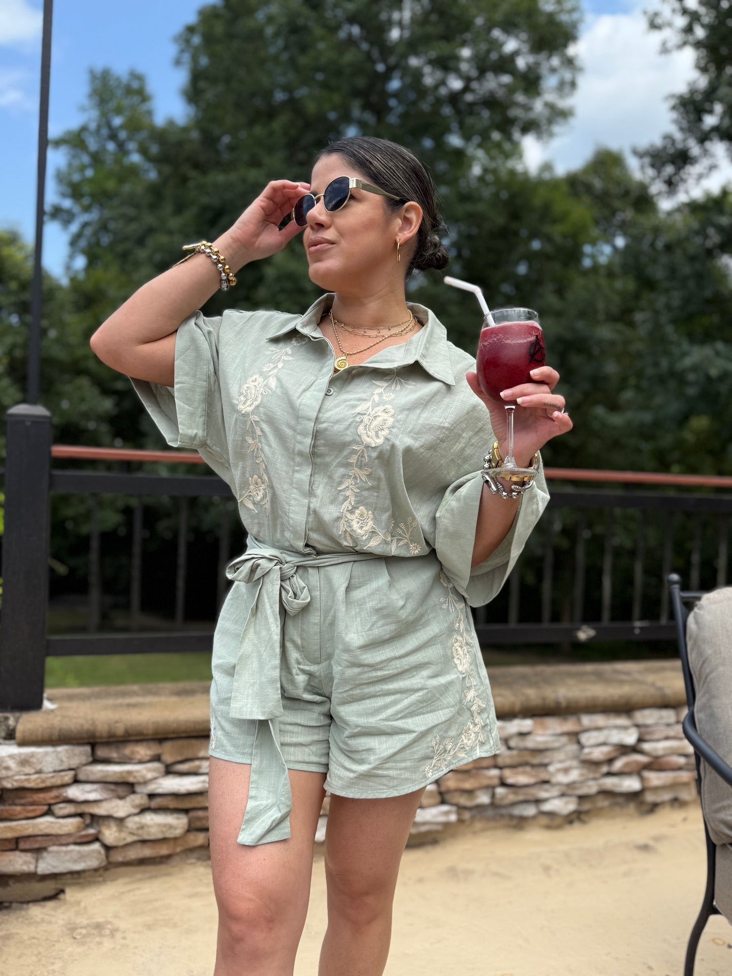 Sage Embroidered Romper