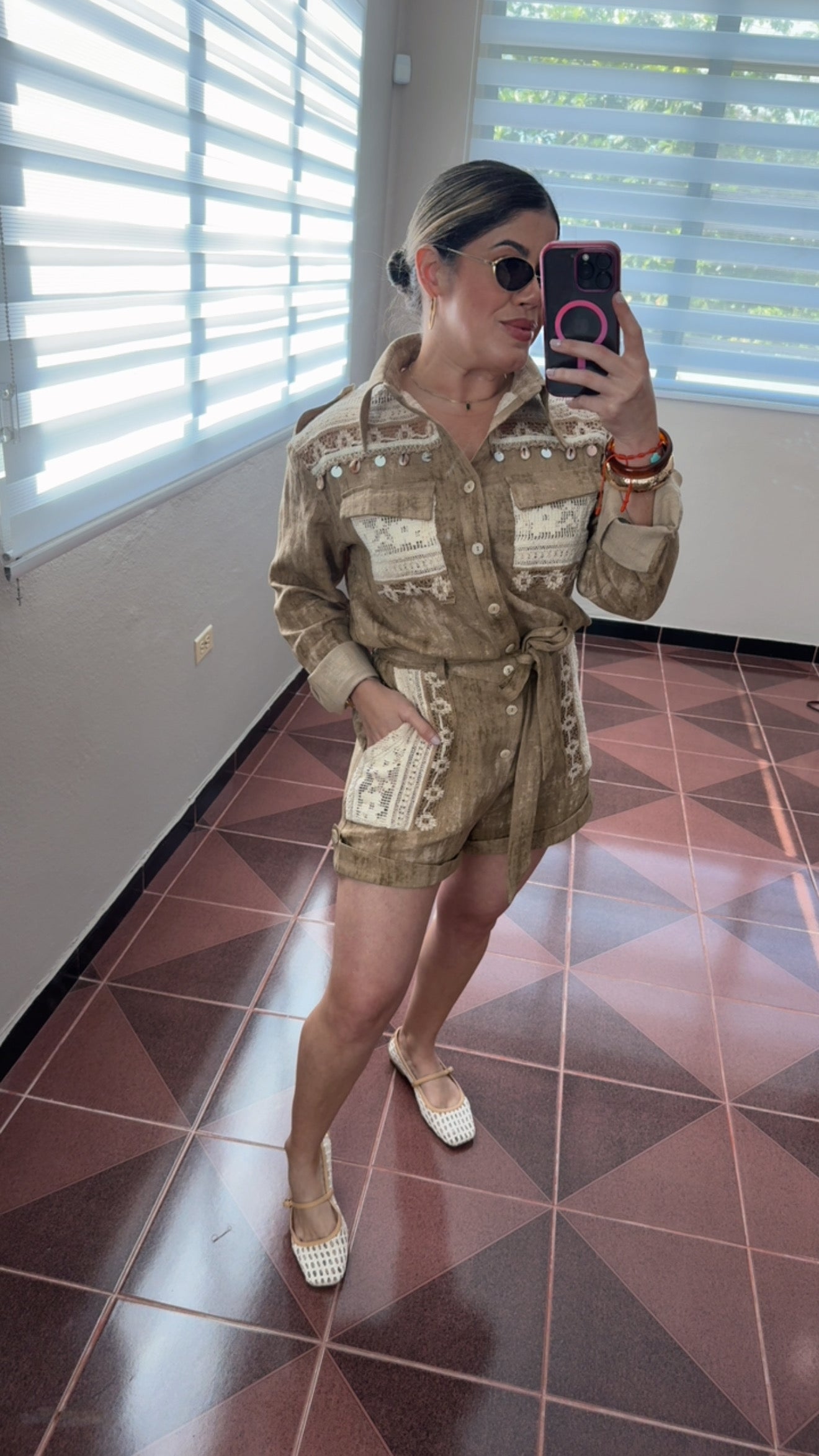 Khaki Eyelet Seashell Romper