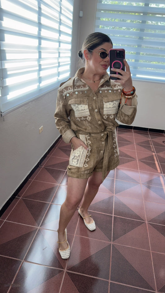 Khaki Eyelet Seashell Romper