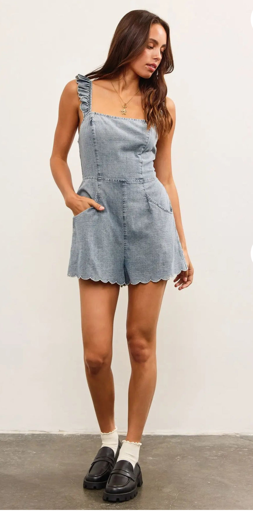 Ruffle trim Denim Romper