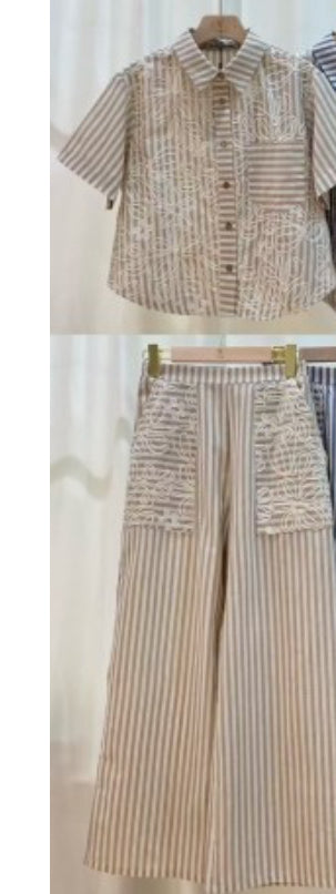Taupe embroidery Stripe Pant Set