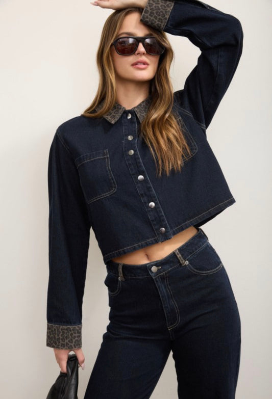 Leopard Collar Denim Jacket