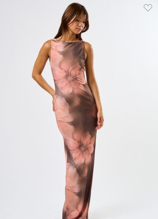 Floral Brown Mesh Maxi Dress