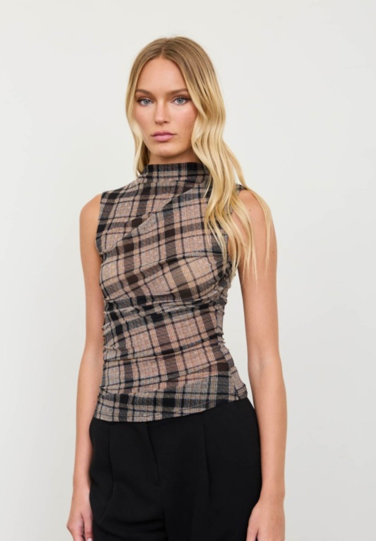 Black Plaid Mesh Top