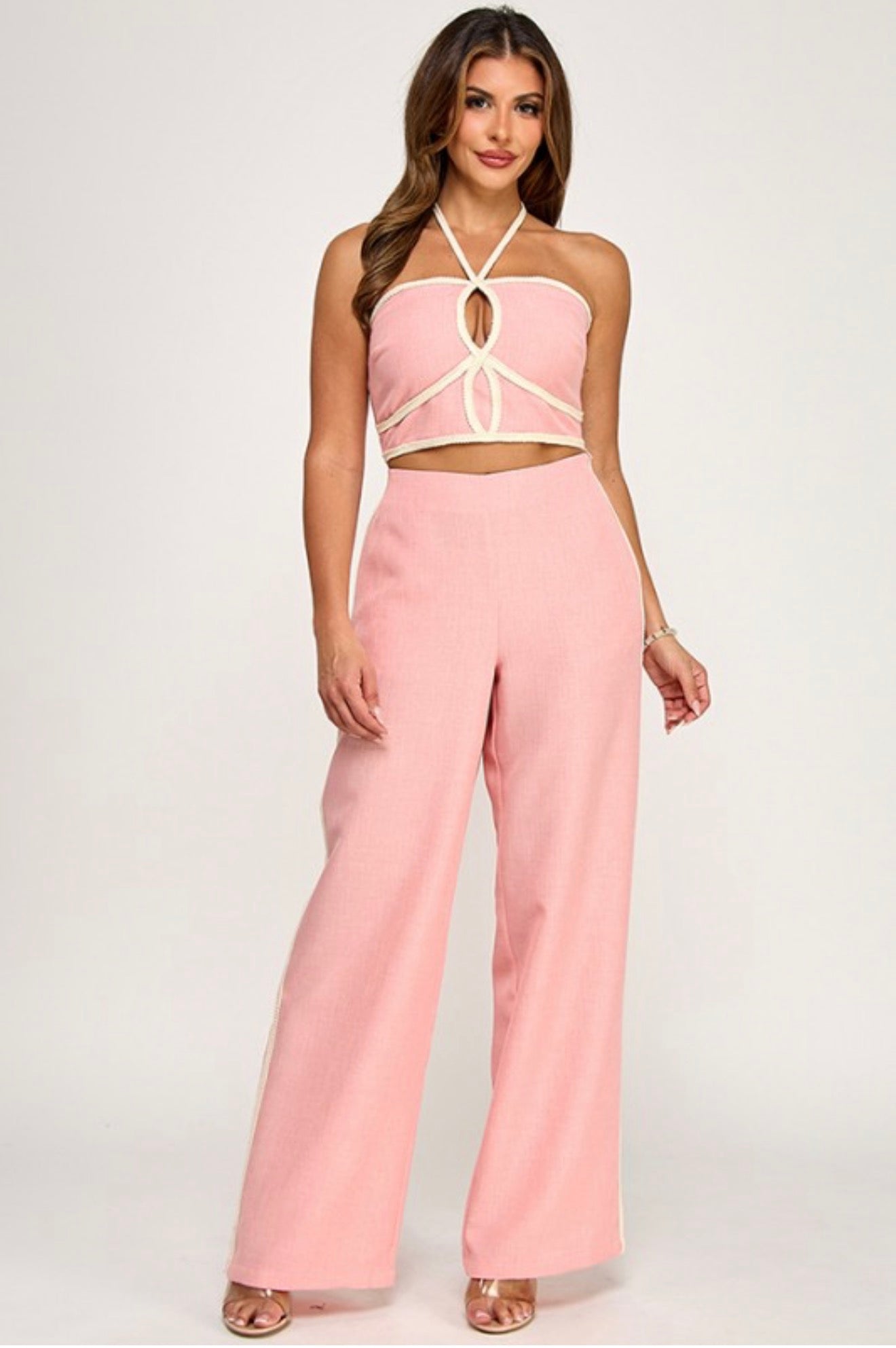 Pink Linen Halter Pant Set