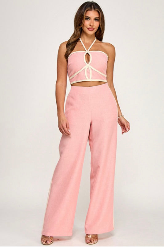 Pink Linen Halter Pant Set