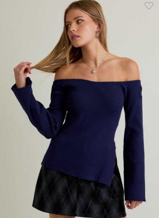 Navy Side Slit Off shoulder top