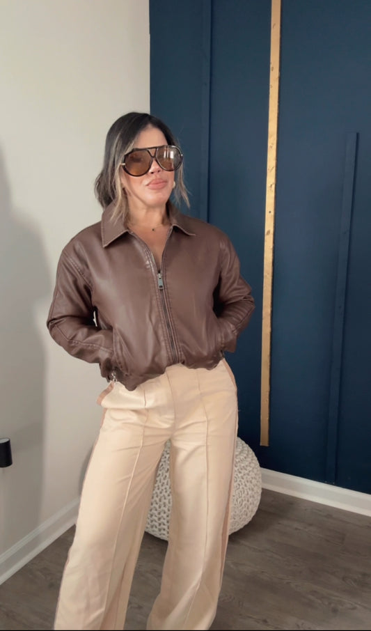Brown Leather Bomber Jacket