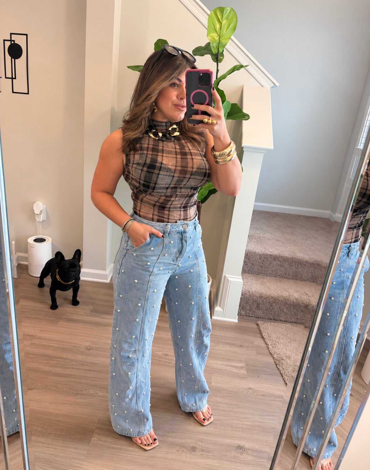 Black Plaid Mesh Top