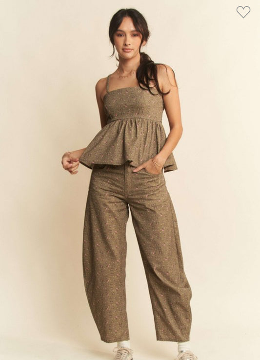 Lt Olive Flower Barrel Pants