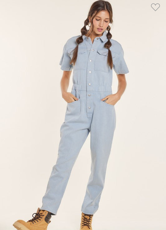 Denim Short Sleeve Jumpsuit