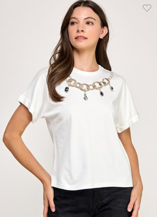 White Embroidered Rhinestone Top