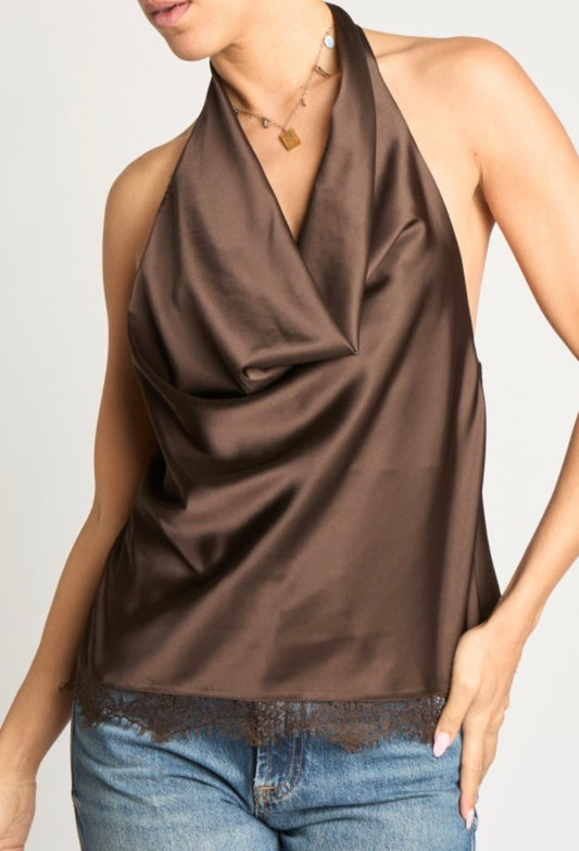 Brown Lace Trim Satin Blouse