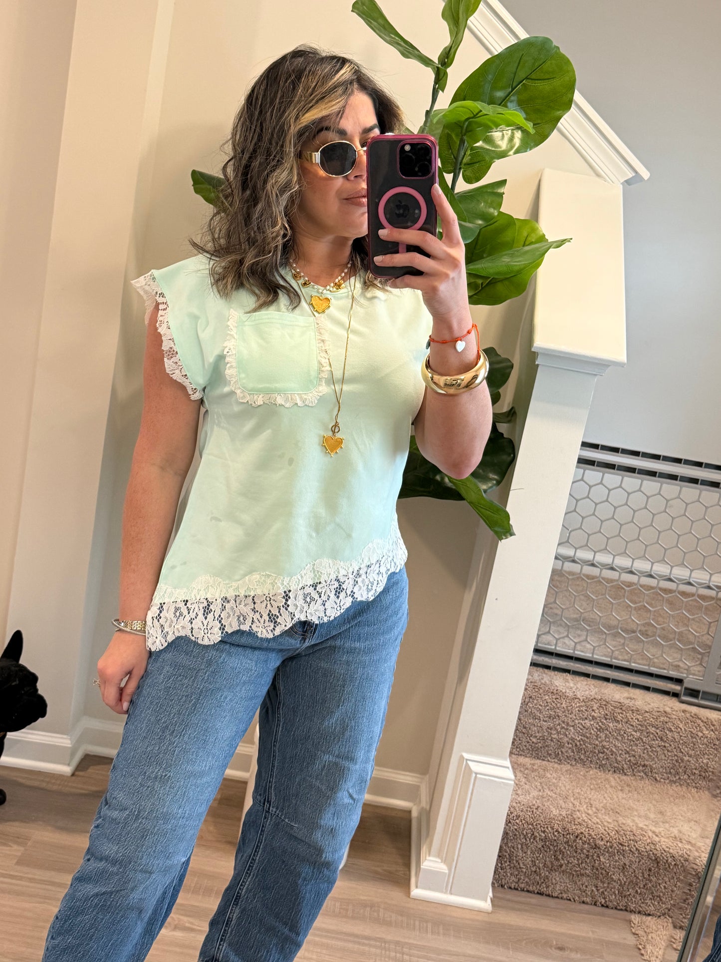 Mint Lace Trim Top