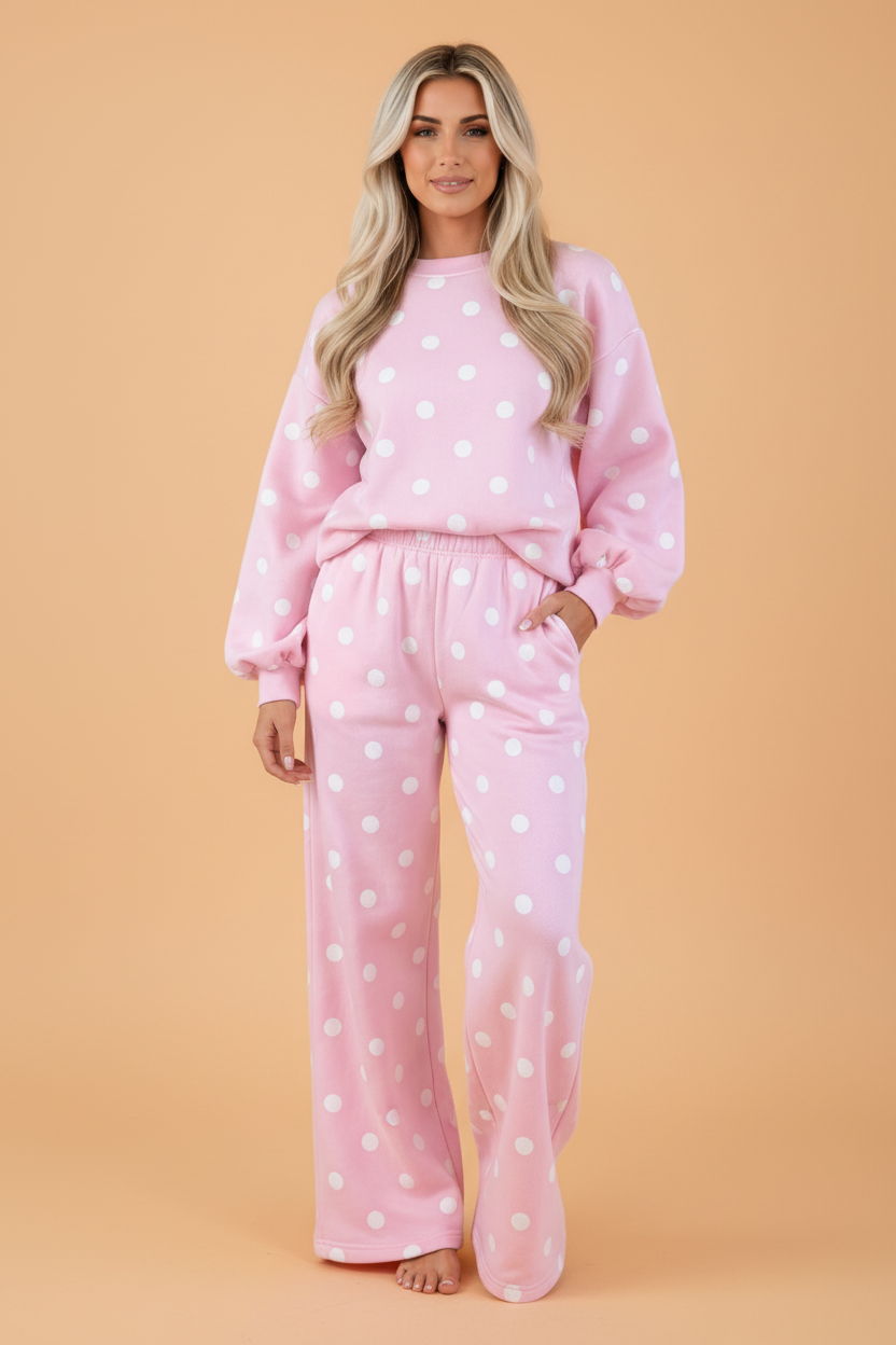 Polka Dot Puff Sleeve Top & Pants Set